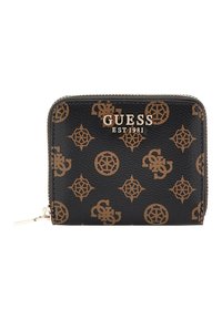 Portafoglio nero con rilievi, caratterizzato da un motivo con logo color nocciola, accessori in tonalità dorata, chiusura con zip e design in pelle sintetica texturizzata.
