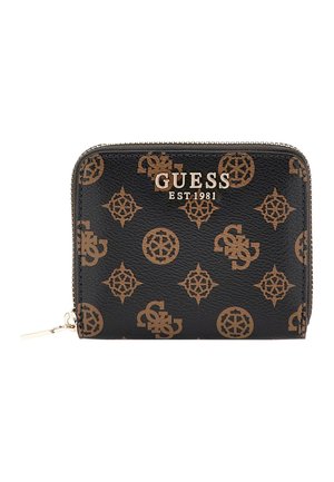 Portafoglio nero con rilievi, caratterizzato da un motivo con logo color nocciola, accessori in tonalità dorata, chiusura con zip e design in pelle sintetica texturizzata.