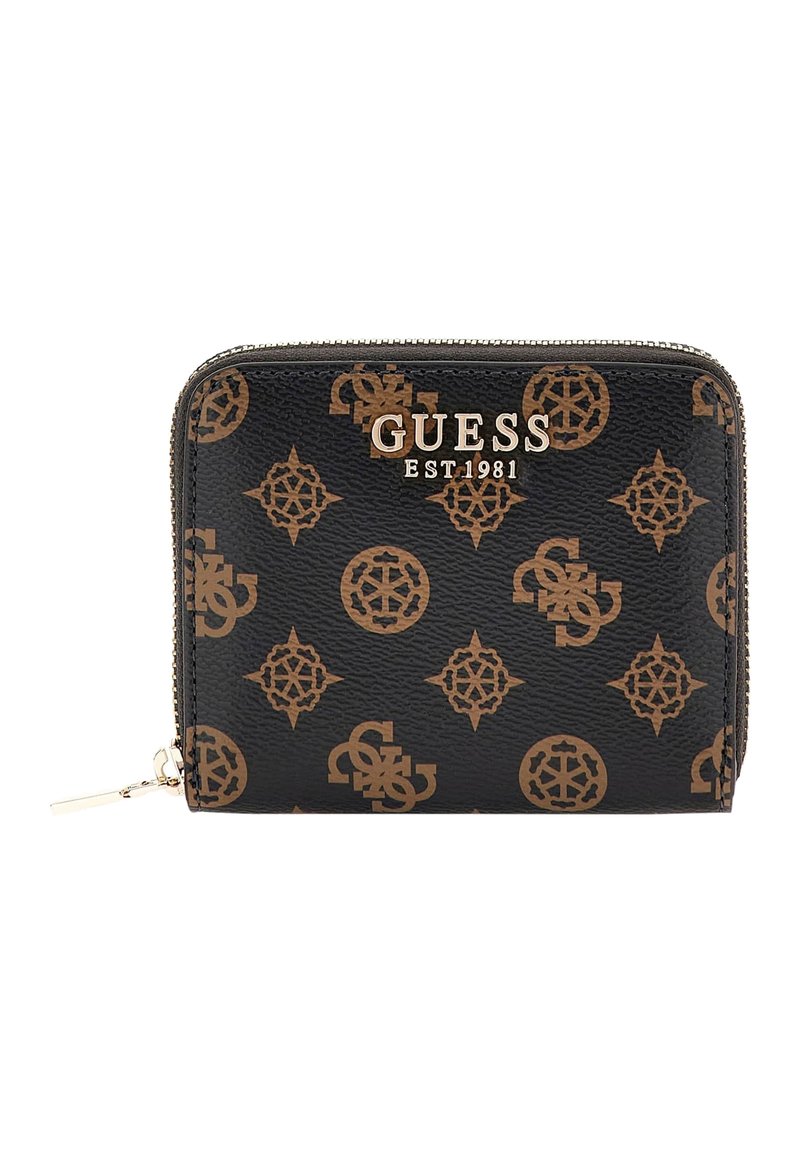 Portafoglio nero con rilievi, caratterizzato da un motivo con logo color nocciola, accessori in tonalità dorata, chiusura con zip e design in pelle sintetica texturizzata.