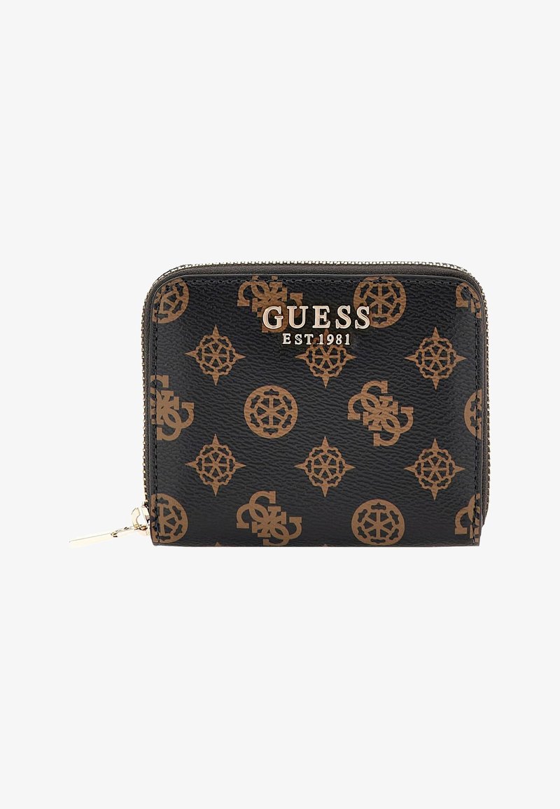 Portafoglio nero con rilievi, caratterizzato da un motivo con logo color nocciola, accessori in tonalità dorata, chiusura con zip e design in pelle sintetica texturizzata.