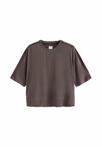 Tricou scurt cu mâneci, de culoare maronie, cu decolteu tip crew neck, având un croi lejer și o textură netedă. Marginile sunt ușor prelungite pentru un plus de acoperire.
