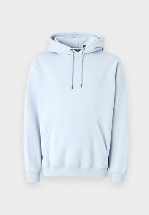 Light blue hoodie made of soft fabric, featuring a front kangaroo pocket, drawstring hood, and ribbed cuffs and hem. Small logo on chest.
