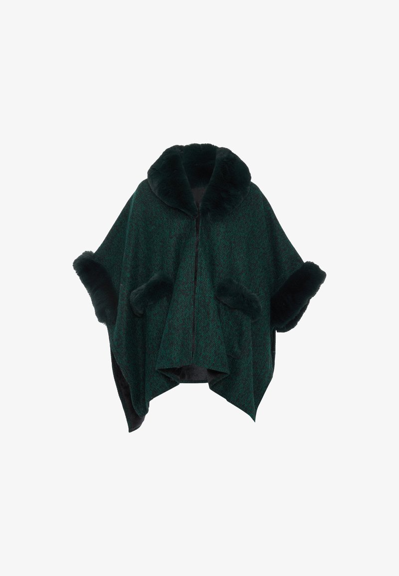 Sötétzöld poncsó, texturált anyagból készült, melynek prémgallérja és prémes mandzsettái vannak, elöl cipzárral és két oldalsó zsebbel.