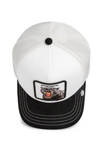 Gorra de béisbol con parte superior de malla blanca, visera de ante negro y parche bordado con un animal enojado y el texto "FUERZA".