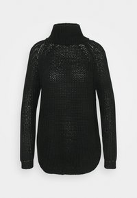 Jersey negro de cuello alto de punto con mangas largas y un patrón de tejido suelto y abierto.