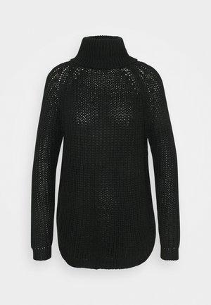 Schwarzer gestrickter Rollkragenpullover mit langen Ärmeln und einem lockeren, offenen Strickmuster.