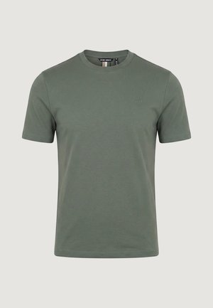 Maglietta verde oliva tinta unita a maniche corte con scollo rotondo, logo tonale sottile sul petto e etichetta della taglia all'interno del colletto.