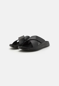 Infradito neri con ampie cinghie in sintetico, design open toe, plantare imbottito e suola testurizzata per una presa migliore.