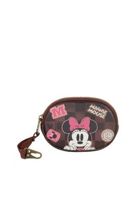 Bolsa de tela marrón con diseño de Minnie Mouse, detalles en rosa, cierre con cremallera y llavero adjunto. Muestra varias pegatinas temáticas.