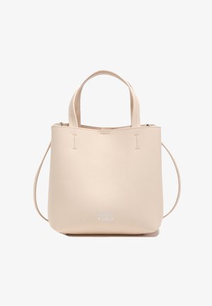 Beežist nahast käekott kahe sangaga, eemaldatava õlarihmaga ja ees pehme "BIMBA Y LOLA" logo.