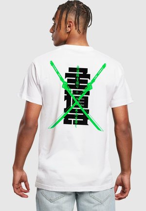 White cotton t-shirt featuring a graphic design with green crossed swords and black text on the back. Crew neck, short sleeves, relaxed fit.