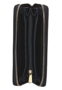 Portafogli nero con zip dorata, dotato di più scomparti per carte e un vano centrale con zip. Esterno con texture liscia.