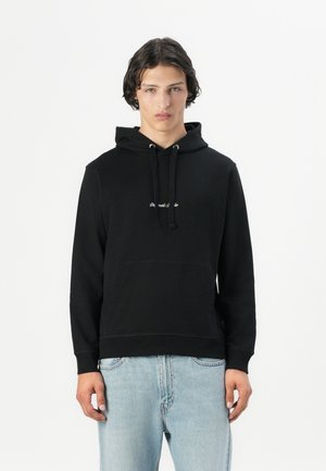 Black hoodie made of cotton, featuring a front pocket, drawstring hood, and a small white embroidered detail on the chest.
