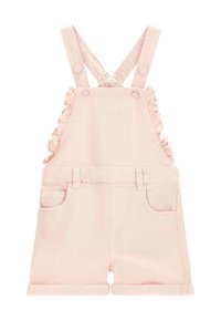 Roze denim overallshorts met gerimpelde schouderbanden, voorzien van zijzakken en een opgerolde zoom. Het materiaal is zacht met een gladde textuur.