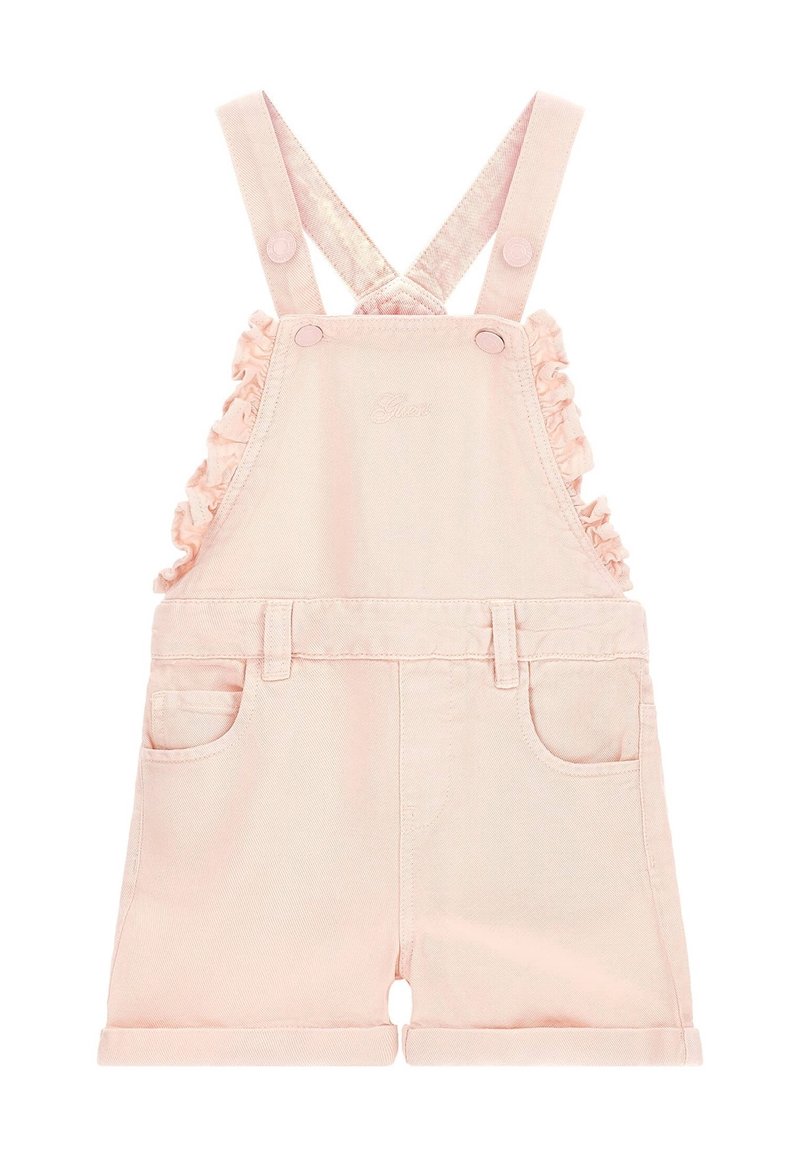 Roze denim overallshorts met gerimpelde schouderbanden, voorzien van zijzakken en een opgerolde zoom. Het materiaal is zacht met een gladde textuur.