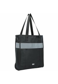 Zwarte totebag gemaakt van duurzaam materiaal, met een horizontale grijze streep, dubbele zwarte handvatten en een ritszak aan de voorkant.