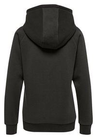 Svart huvtröja tillverkad av mjukt material, med en rymlig huva, långa ärmar och ribbad mudd och fåll. Slät yta utan mönster.