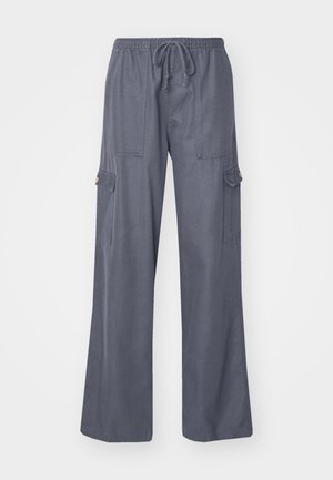 Gray cargo pants with a drawstring waist, wide legs, and two side pockets. Made from a soft, lightweight fabric.
