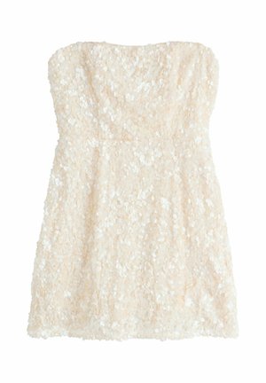 Trägerloses kurzes Kleid in Elfenbein mit dicht verteilten kleinen runden Pailletten, die den gesamten Stoff bedecken.