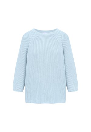 Lichtblauwe gebreide trui met lange mouwen en een ronde hals, met een gestructureerd geribbeld patroon over het hele kledingstuk.