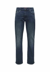 Dunkelblaue Straight-Leg-Jeans mit einer glatten Textur, Fünf-Taschen-Design, metallischen Details und subtilen Verblassungen an den Knien.