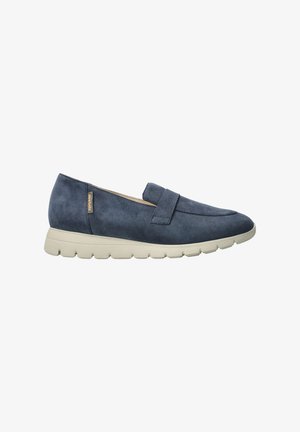 Chaussure en daim bleu marine à enfiler, avec une semelle côtelée beige et une bande cousue décorative sur le dessus.