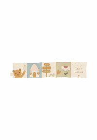 Fabric soft book with pastel colors featuring illustrations of a bear, fairy, house, signpost, flower, and caterpillar on various pages.