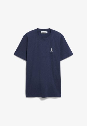 Marineblaue Baumwoll-T-Shirt mit kurzen Ärmeln, rundem Halsausschnitt und einem kleinen grauen Ribbonsgrafik im linken Brustbereich.