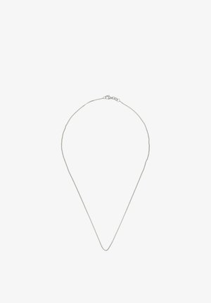 Delicata collana a catena in argento con una piccola chiusura, mostrata su uno sfondo bianco semplice.