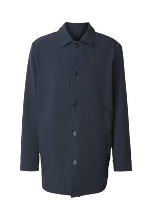 Tmavě modrý lehký kabát z hladké látky. Má zapínání na knoflíky vpředu, dvě boční kapsy a límec. Jednoduchý design.