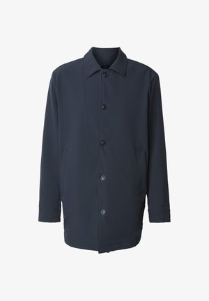 Tmavě modrý lehký kabát z hladké látky. Má zapínání na knoflíky vpředu, dvě boční kapsy a límec. Jednoduchý design.