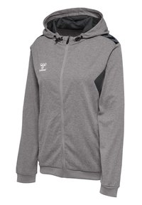 Grijze zip-up hoodie met een trekkoord in de capuchon, zijpaneelaccenten, geribbelde manchetten en een mesh-voering in de capuchon. Logo op de bovenste linkerkant van de borst.
