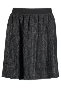 Jupe noire mi-longue avec une taille élastique, en tissu texturé avec des fils métalliques argentés pour un effet scintillant.