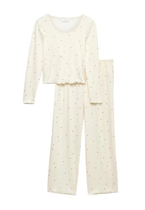 Tvådelat pyjamasset med en kortärmad topp och byxor i full längd. Tillverkat av mjukt creamfärgat tyg med ett mönster av små rosa hjärtan.