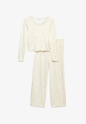 Twee-delig pyjama set bestaande uit een cropped lange mouwen top en een lange broek. Gemaakt van zachte crèmekleurige stof met een patroon van kleine roze hartjes.