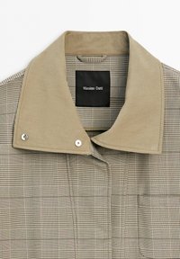 Beige and brown checked coat with wide beige collar and two metal snap buttons, black label inside reading Massimo Dutti.