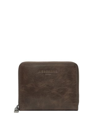 Compact dark brown leather zip-around wallet with embossed "Liebeskind Berlin" logo on front.