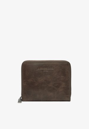 Kompakte, dunkelbraune Leder-Geldbörse mit Rundum-Reißverschluss und geprägtem "Liebeskind Berlin"-Logo auf der Vorderseite.