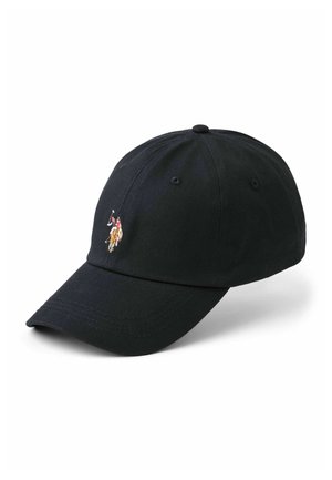 Cappellino da baseball nero con visiera curva, con un piccolo logo ricamato di un giocatore di polo a cavallo in vari colori sul pannello frontale.