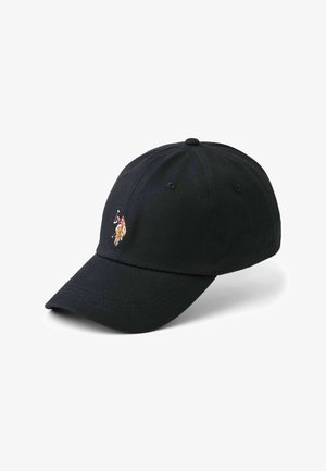 Cappellino da baseball nero con visiera curva, con un piccolo logo ricamato di un giocatore di polo a cavallo in vari colori sul pannello frontale.
