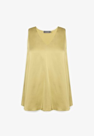 Blouse en satin doré sans manches, coupe ample, col en V et détails plissés, conçue par Elena Mirò.