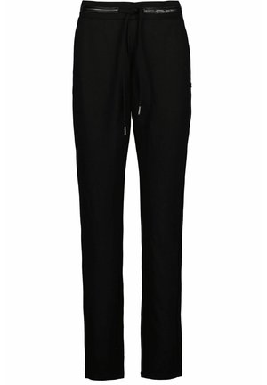 Pantalons de jogging noirs avec une taille élastique à cordon de serrage, coupe ajustée, fabriqués en coton doux, présentant une texture lisse et des accents de brillance subtils.
