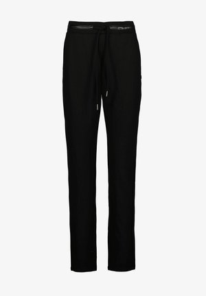 Schwarze Jogginghosen mit einem Kordelzugbund, schmaler Schnitt, aus weicher Baumwolle, mit glatter Textur und subtilen Glanzeffekten.