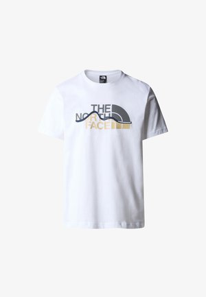 White cotton T-shirt featuring "THE NORTH FACE" logo in gray, navy, and gold. Short sleeves, crew neck, and a relaxed fit.