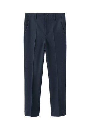 Pantalon homme bleu marine ajusté avec poches avant, passants pour ceinture, fermeture à boutons et pli marqué sur chaque jambe.