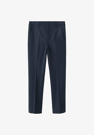 Pantalon homme bleu marine ajusté avec poches avant, passants pour ceinture, fermeture à boutons et pli marqué sur chaque jambe.