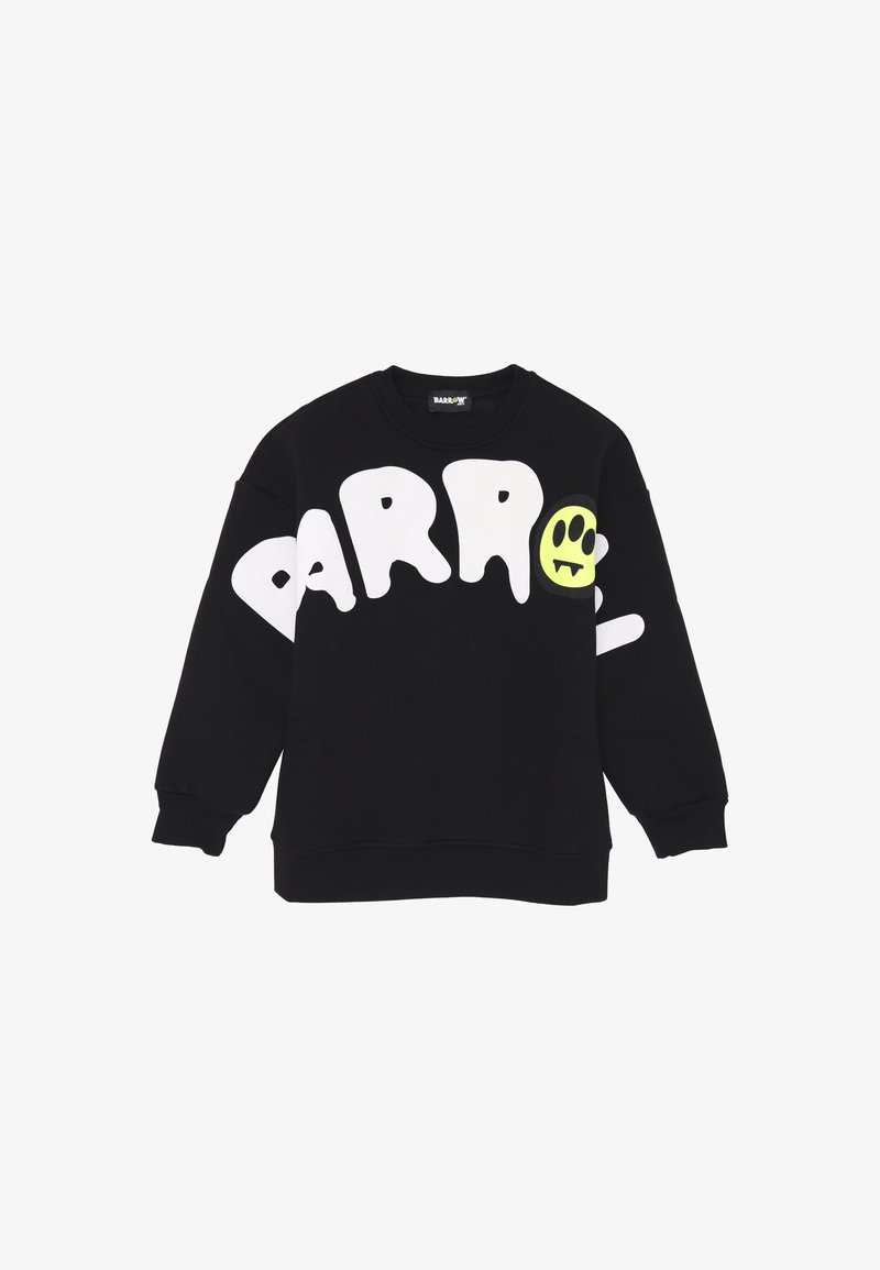 Felpa nera con grandi lettere bianche colanti che spelling "BARROW" e un sorriso giallo con zanne sul davanti.