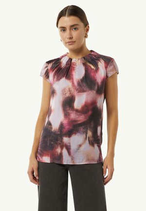 Kurze Bluse aus seidigem Material mit einer pinken und lila abstrakten Musterung, plissiertem Ausschnitt und lockerer Passform.
