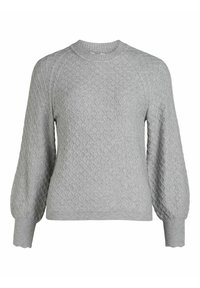 Grijze gebreide trui met een ruit patroon, ronde halslijn en geribde manchetten. Heeft een ontspannen pasvorm en structuurstof.