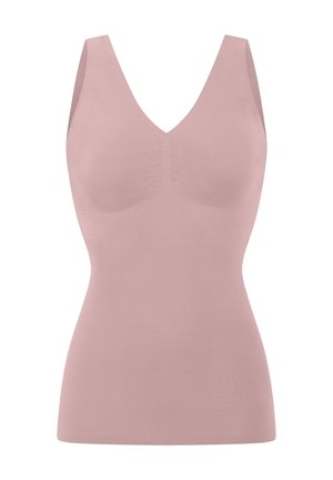 Light pink sleeveless top with a v-neck design. Smooth texture, fitted shape, and no visible hardware or patterns.